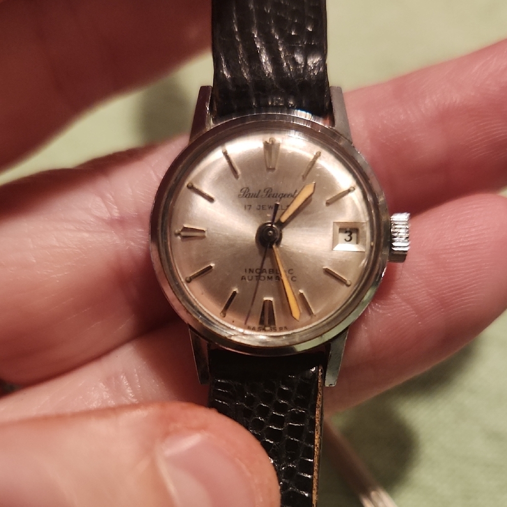 Paul Puegeot Silver Mechanical Watch with Black Leather Strap